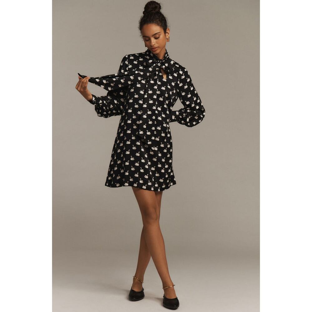 Anthropologie Maeve The Caroline Tie Neck Mini Dress Swan NWT Size L Whimsy - Picture 2 of 9